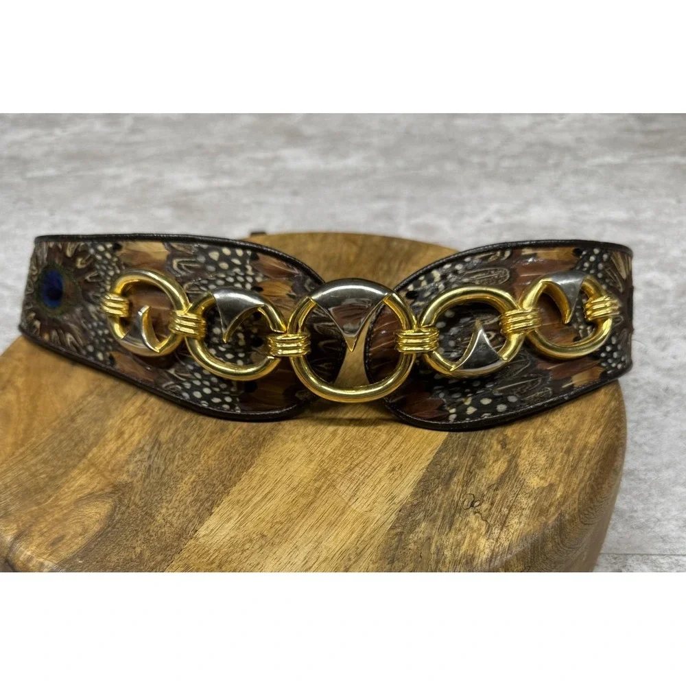 Peacock Feather Waist Belt Womens 32 Brown Wide Animal Print Gold Chain Buckle